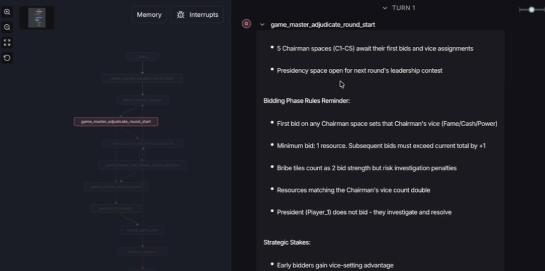 LangGraph state machine trace — agent decision flow across game turns